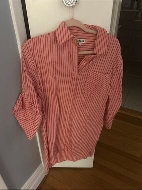 STAUD Pink Mini Shirt Dress with Red Stripes